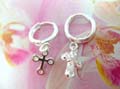 Handmade product supply distributor, Religious art cross with clear cz crystals dangling from miniature, 925. sterling silver hoop earrings 
