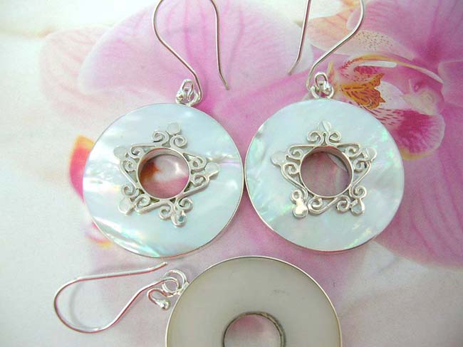 Womens bali jewelry collection warehouse, 925. Sterling silver filigree design on white seashell gemstone earrings