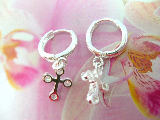 Handmade product supply distributor, Religious art cross with clear cz crystals dangling from miniature, 925. sterling silver hoop earrings 
