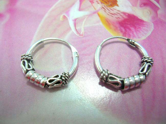 Shop wholesale jewelry, TRendy sterling silver hoop earrings with thick coil design between snaky curve and beaded curls