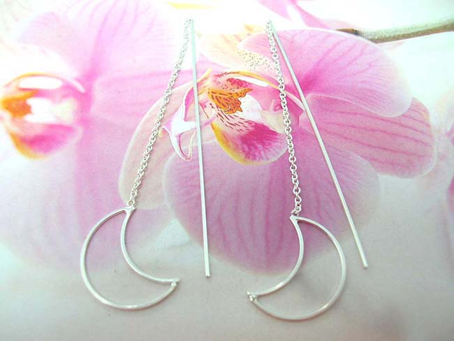 Quality bali fashions online, wholesale Ladies sterling silver threader earrings in cut out half moon design