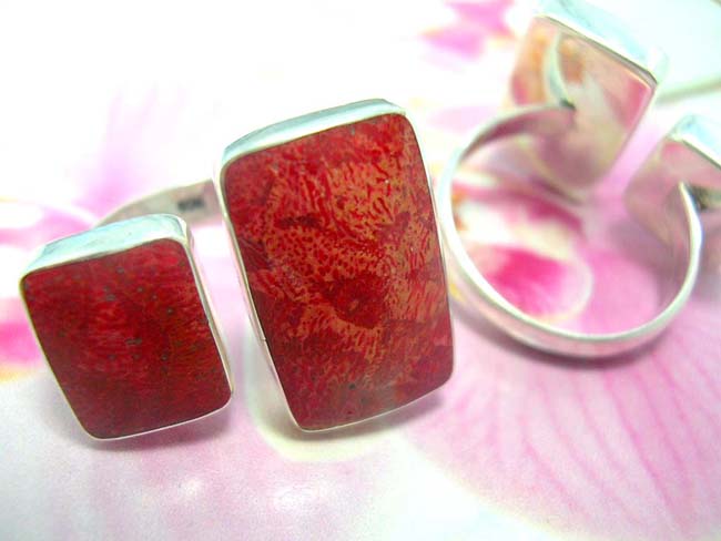 Jewelry catalog distribution store, TRendy coral gem set in square framed, 925. sterling silver ring
