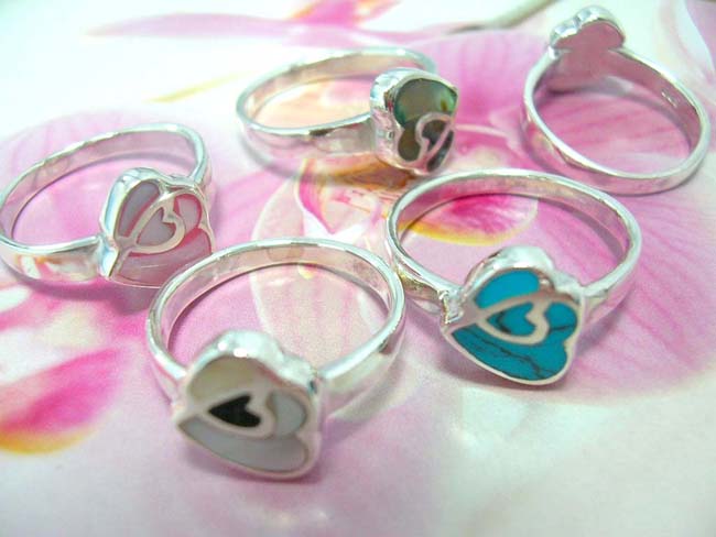 Fashion jewellery agent express, Love heart motif sterling silver ring with bali abalone seashell gem creating three hearts