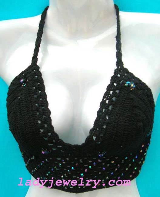 Beach fashion clothing distributor. handmade balinese crochet bra top in black color with sequence beads 