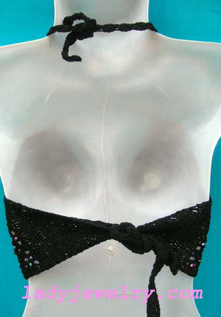 Beach fashion clothing distributor. handmade balinese crochet bra top in black color with sequence beads 