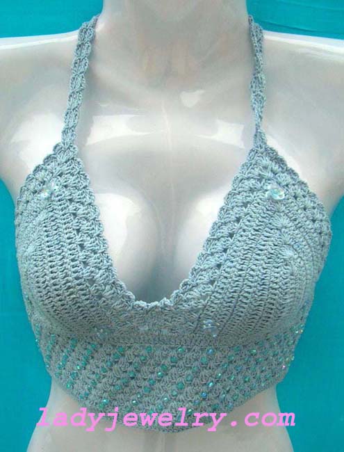 Designer summer manufacturer supplies Ladies light blue crochet knit halter top with sparkling sequence 