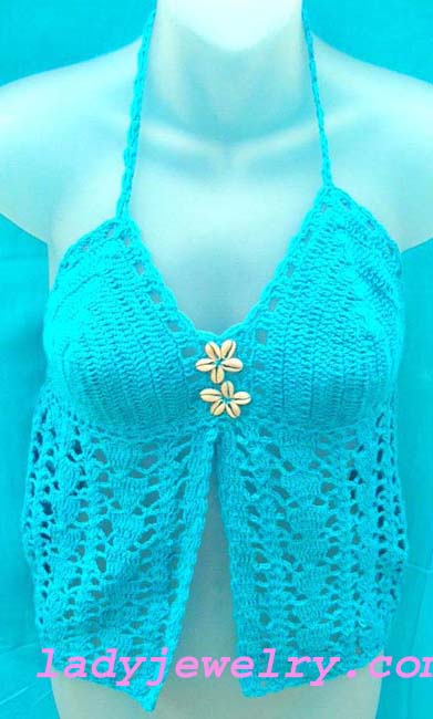 Handcrafted indonesian apparel supplier. Spring blue fashion handcrafted crochet tank top with seashell decor 