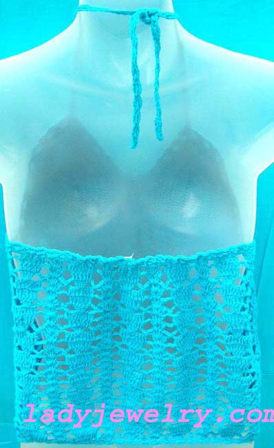 Handcrafted indonesian apparel supplier. Spring blue fashion handcrafted crochet tank top with seashell decor 