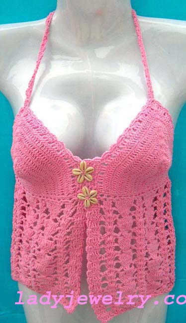 Retail boutique bali fashion clothing, Fun pink halter top in unique knit pattern with seashell beading in center 
