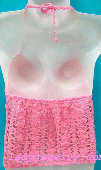 Retail boutique bali fashion clothing, Fun pink halter top in unique knit pattern with seashell beading in center 
