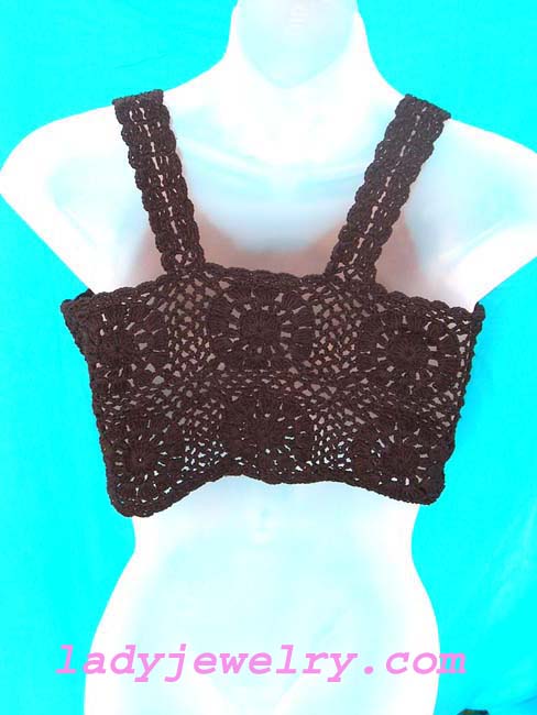 Beauty casual wear handcrafted Stylish, black half top tankini in quality crafted fishnet crochet design with button up front 