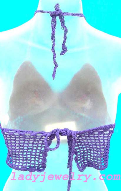 Gift clothing wear indonesia imports. Tropical ladies crochet halter top in purple with unique fishnet designed bodice 