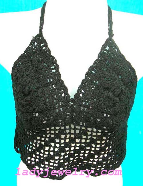 Handcrafted black knit crochet half top with trendy embroidery. Bali tropical clothing supply shop 