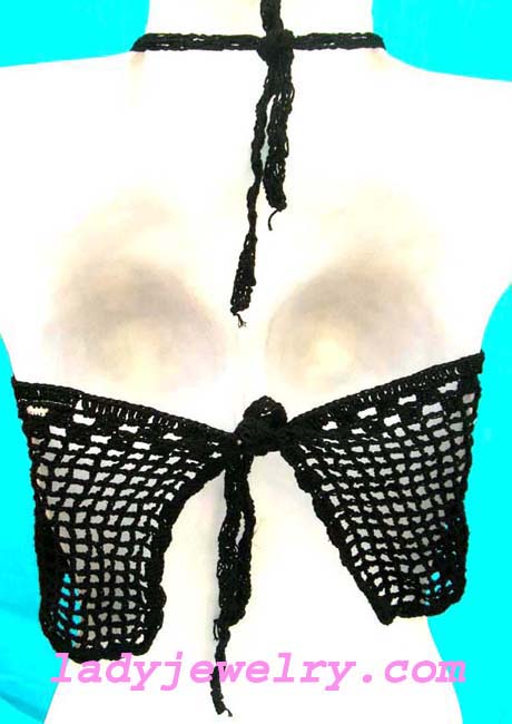 Handcrafted black knit crochet half top with trendy embroidery. Bali tropical clothing supply shop 