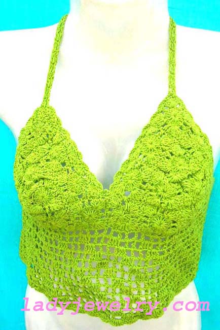 Designer artwear halter top in light green and handcrafted with quality needlework. Summer island clothing supplier 