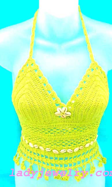 Unique bali garment outlet supplies sexy Batik fashion crochet summer top in yellow with seashell beading and decor 