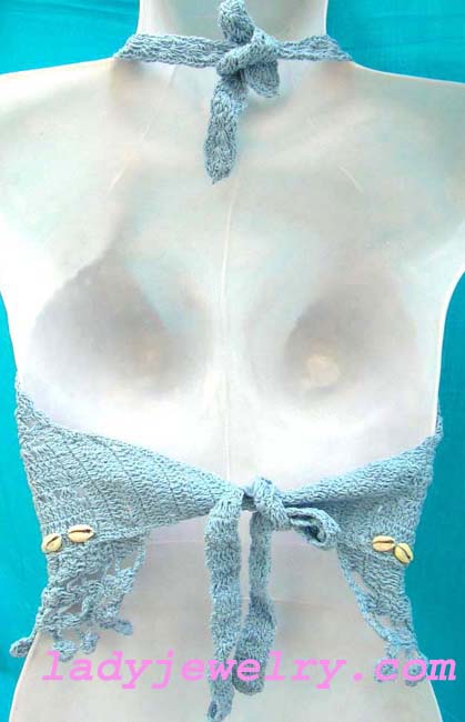 Batik handcrafted cruise apparel designs. Trendy bali embroidered halter top in gray blue with seashell flower crest and shell beads 