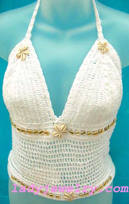 Tropical exotic fashion apparel shopping. Handcrafted seashell flower designed crochet fashion top in white 