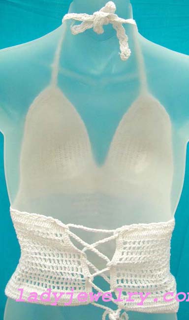 Tropical exotic fashion apparel shopping. Handcrafted seashell flower designed crochet fashion top in white 