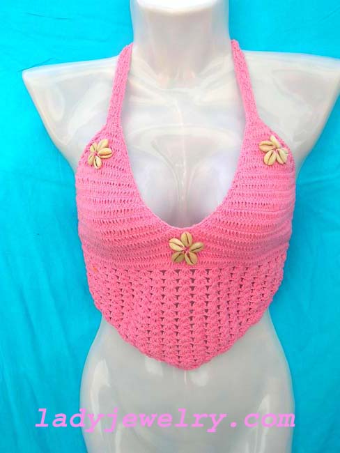 Three seashell crests on hot pink tropical bali crochet halter top, Ladies active wear shopping gallery 