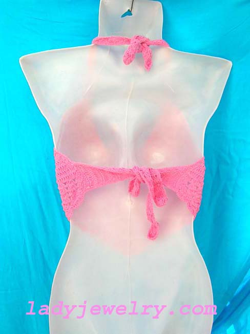Three seashell crests on hot pink tropical bali crochet halter top, Ladies active wear shopping gallery 