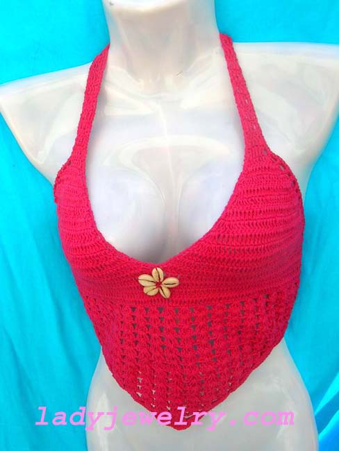 Batik summer halter top in red crochet pattern with beauty seashell decor. handmade indonesia design wear jewelry store 
