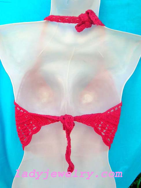 Batik summer halter top in red crochet pattern with beauty seashell decor. handmade indonesia design wear jewelry store 