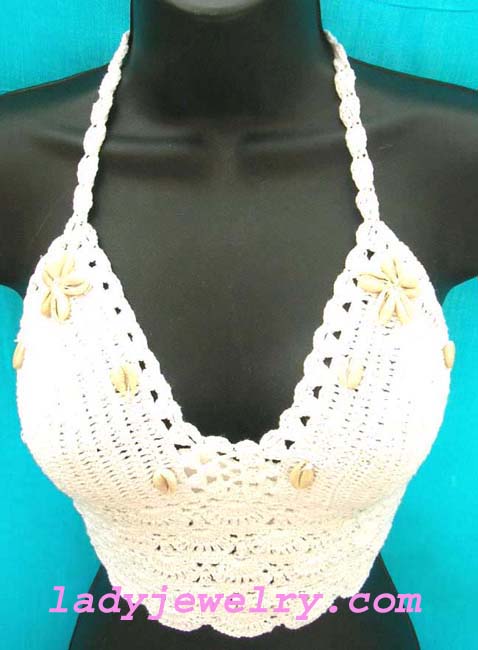 Bali bali sexy embroidery fashion shopping. Summer beach half halter top in white fine crochet knit design with seashell decor 