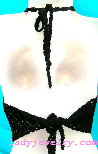 Womens resort wear gift store supplies Black handcrafted embroidery knit half halter top with unique seashell decor 