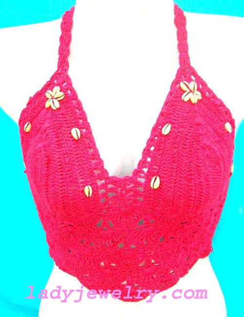 Accessory clothing beauty shop importer. Handmade urban summer crochet halter top with decorative seashell designs 