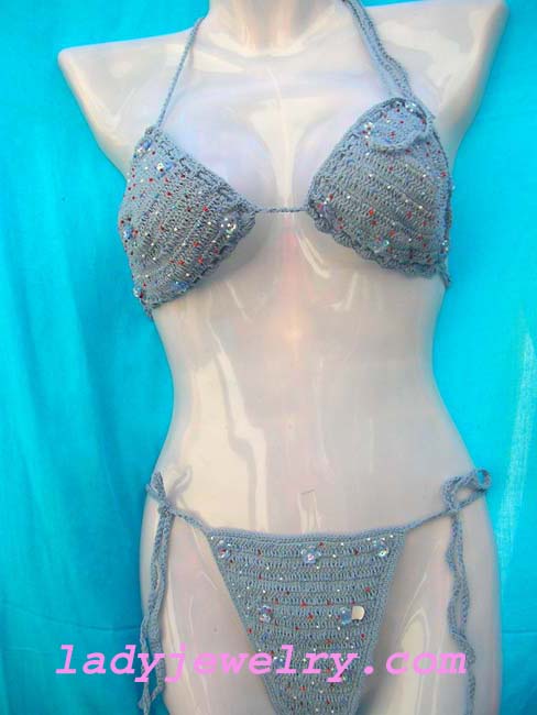 Fun youth crochet bikini in bali blue color and unique beaded decor. Beach beauty wholesale shopping catalog 