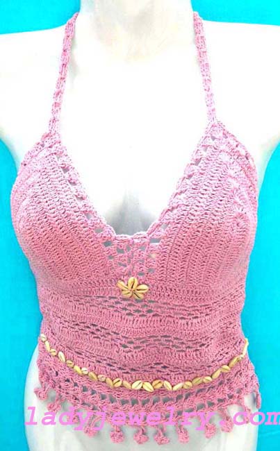 Gift wear manufacturing store. Stylish pink embroidery halter top in unique knitted design with fringe hem and seashell decor 