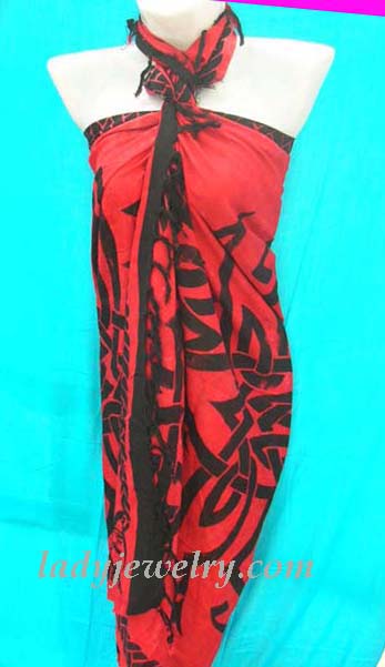 Designer wear bali clothing supply shop. Beautiful red and black batik wrap around with Celtic artisan print 