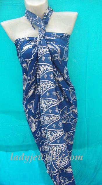 Summer style clothing supplier. White dolphin print art on royal blue bikini batik shawl  
