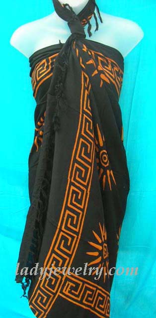 Poolside shawl supply company, Buy unique Squared spiral border and orange sun pattern theme on quality indonesia wrap dress 