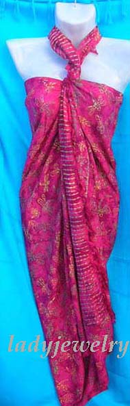 Vacation jewelry clothing import retailer. Handmade dragonfly print design on cute dark pink sarong 