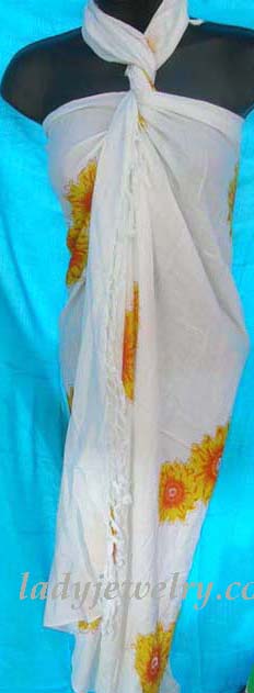 Artwear beach supply clothing store. Sunflower inspired fashion bali bali wrap shawl in yellow and white 