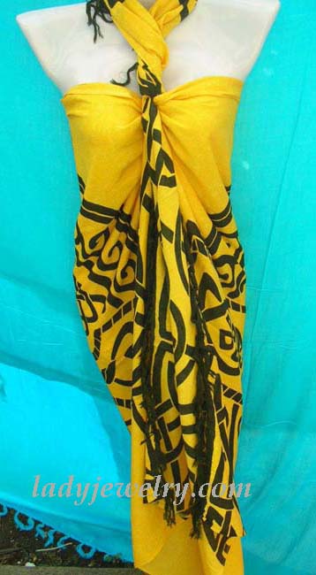 Ladies tropical fashion manufacturing store. Exotic Celtic art design fashion sarong in yellow and black 
