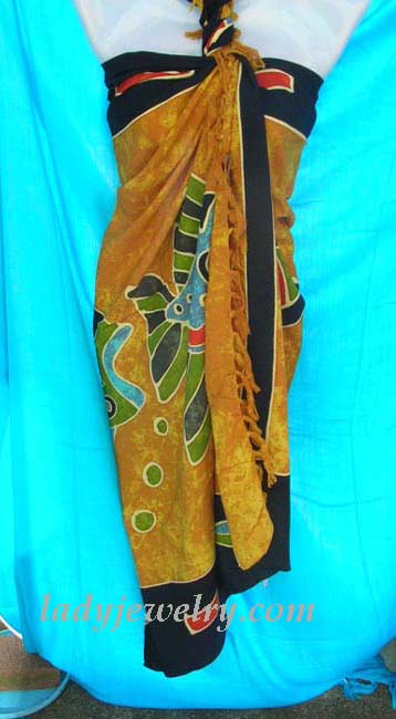 Quality spring accessory outlet shop. Under sea garden theme batik summer wrap shawl with black border and yellow coloring 