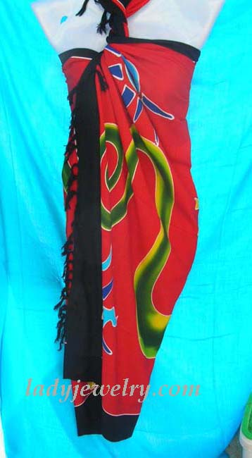 Fine beach supply apparel accessory store. Red fashion batik scarf dress with unique motif and black border 