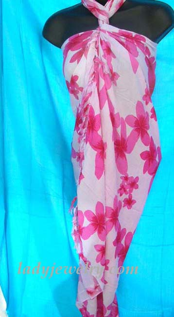 Stylish fashion wear accessories online catalog. Ladies bathing suit sarong wrap in white with pink flower design 