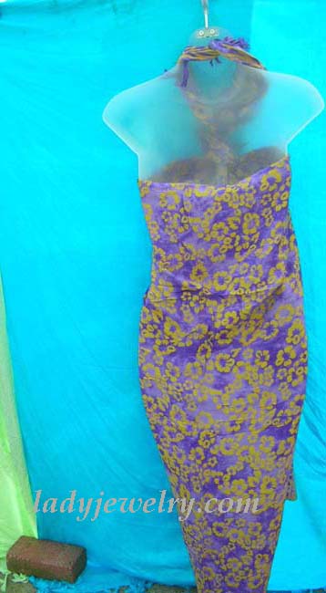 Hawaiian island resort wear supplier. Yellow spring flower pattern on purple beach sarong dress  