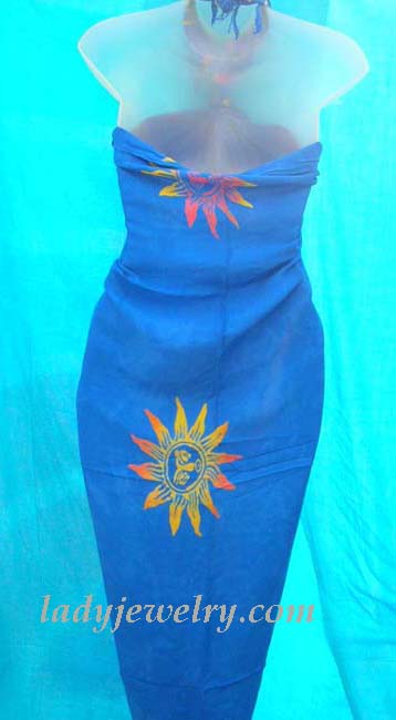 Sky design tropical attire accessories online. Blue indonesia summer sarong skirt with yellow and red sun pattern 