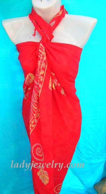 Balinese import sarong clothing outlet factory. Seashell art designed red pareo batik scarf 