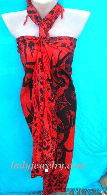 Ladies summer art wear jewelry supplier. Hot red bikini pareo wrap with black tribal pattern 