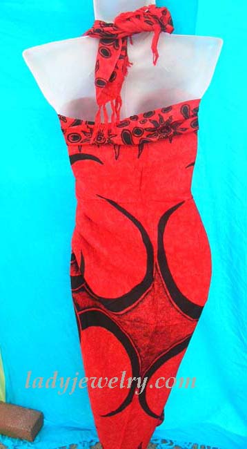 Ladies summer art wear jewelry supplier. Hot red bikini pareo wrap with black tribal pattern 