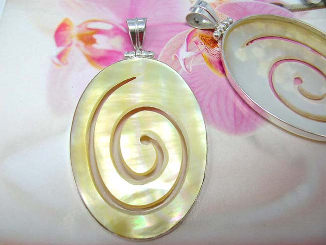 Fantasy jewelry importer wholesales Abalone seashell gemstone pendant with spiral design and 925. sterling silver frame