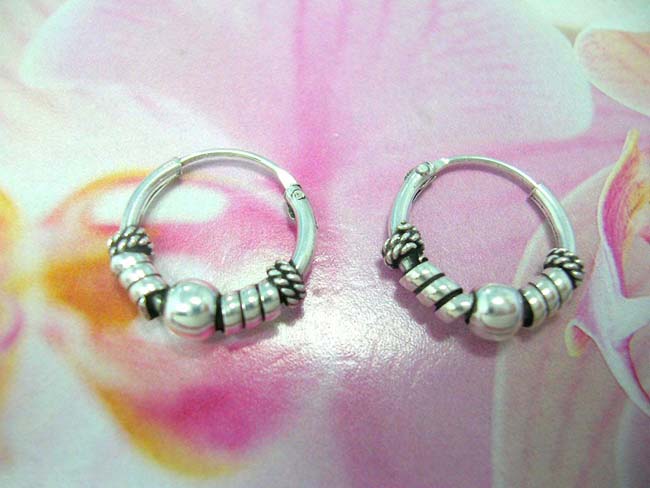 Export distribution collection, Bali artist designed sterling silver hoop earrings with ball bead, beaded coil and wrapped band decor 