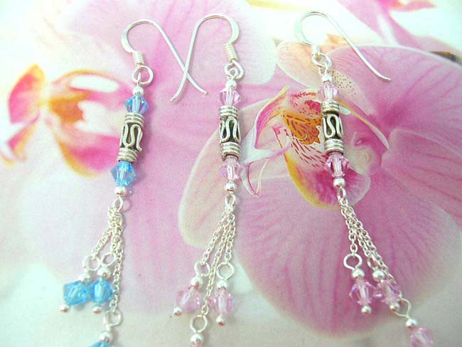 Wholesale fashion wear exporter, Sexy ladies 925. sterling silver chain earrings with crystal beads