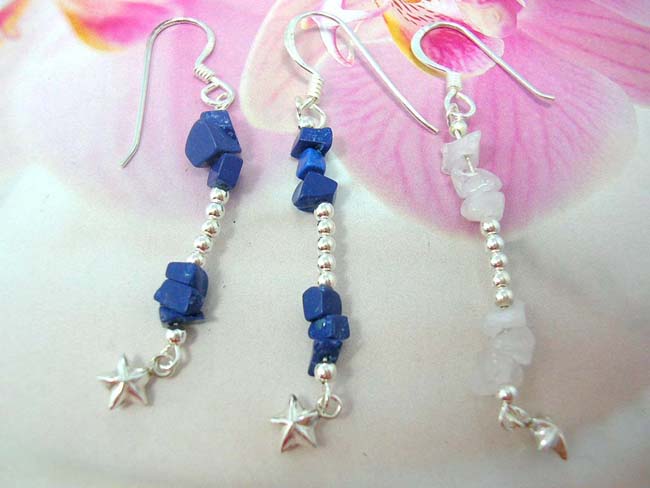 Fancy jewelry collection exchange, Womens dangling earrings with sterling silver ball beads, gemstones and star design